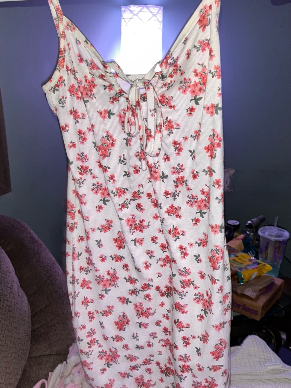Floral Tie-Front Sleep Slip - White with Coral Floral